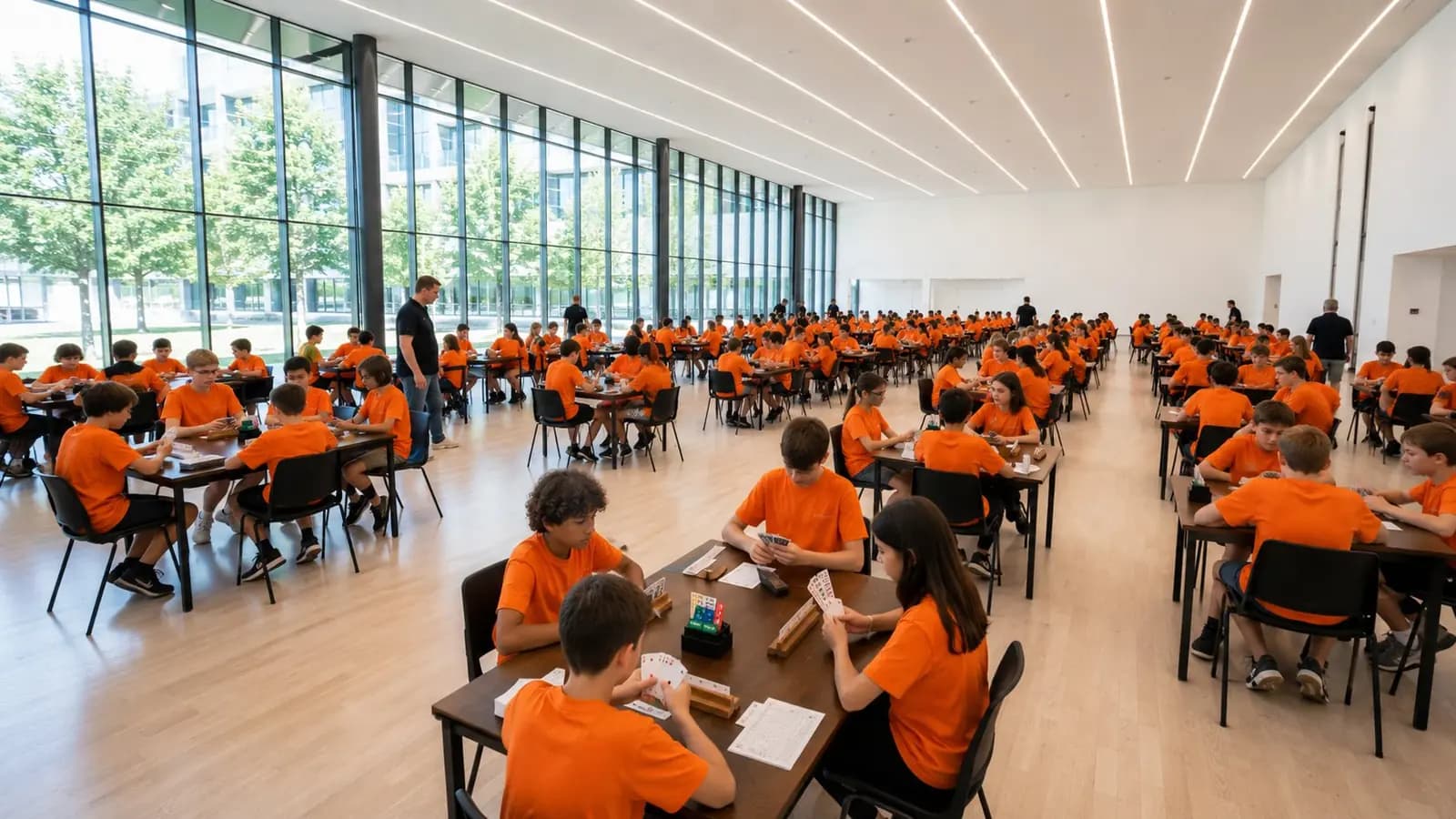 Grote zaal met scholieren die bridgetoernooi spelen